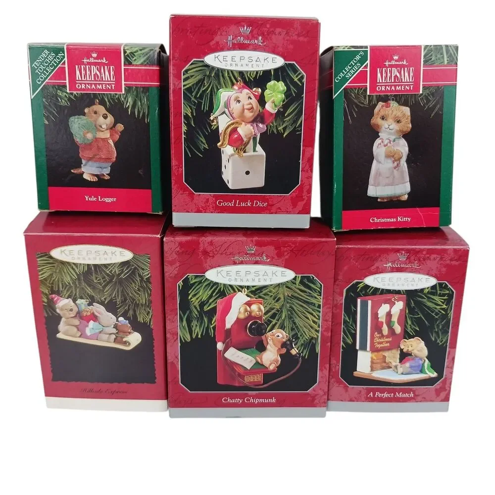 Lot Of 6 Hallmark Ornaments Chatty Chipmunk Perfect Match Yule Logger Beaver